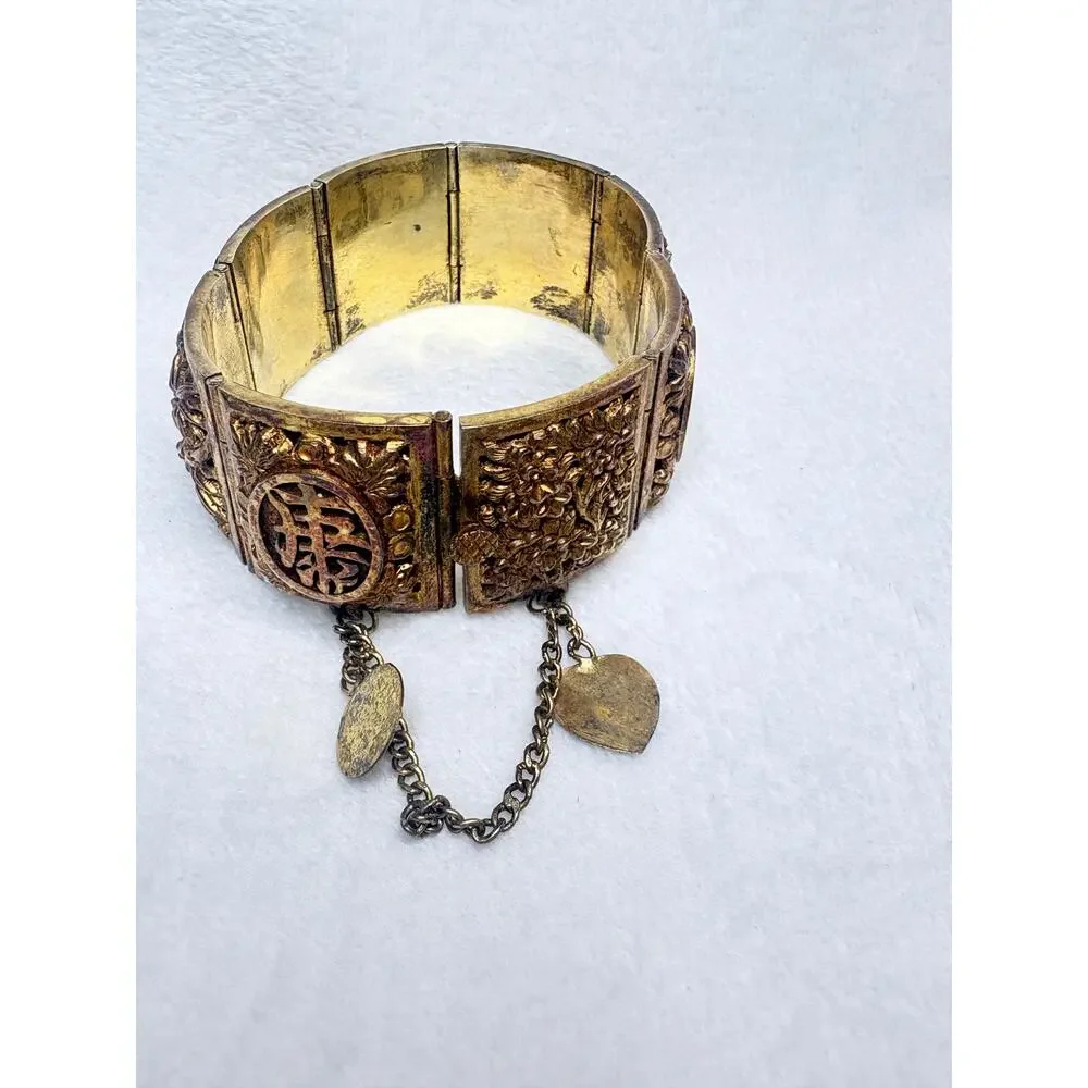 Vintage Mid‑Century Chinese Solid Cast Brass Fú‑Lù‑Shòu Blessings Bracelet